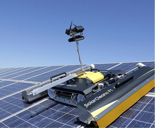 Aerial view of SolarCleano robot on desert solar park